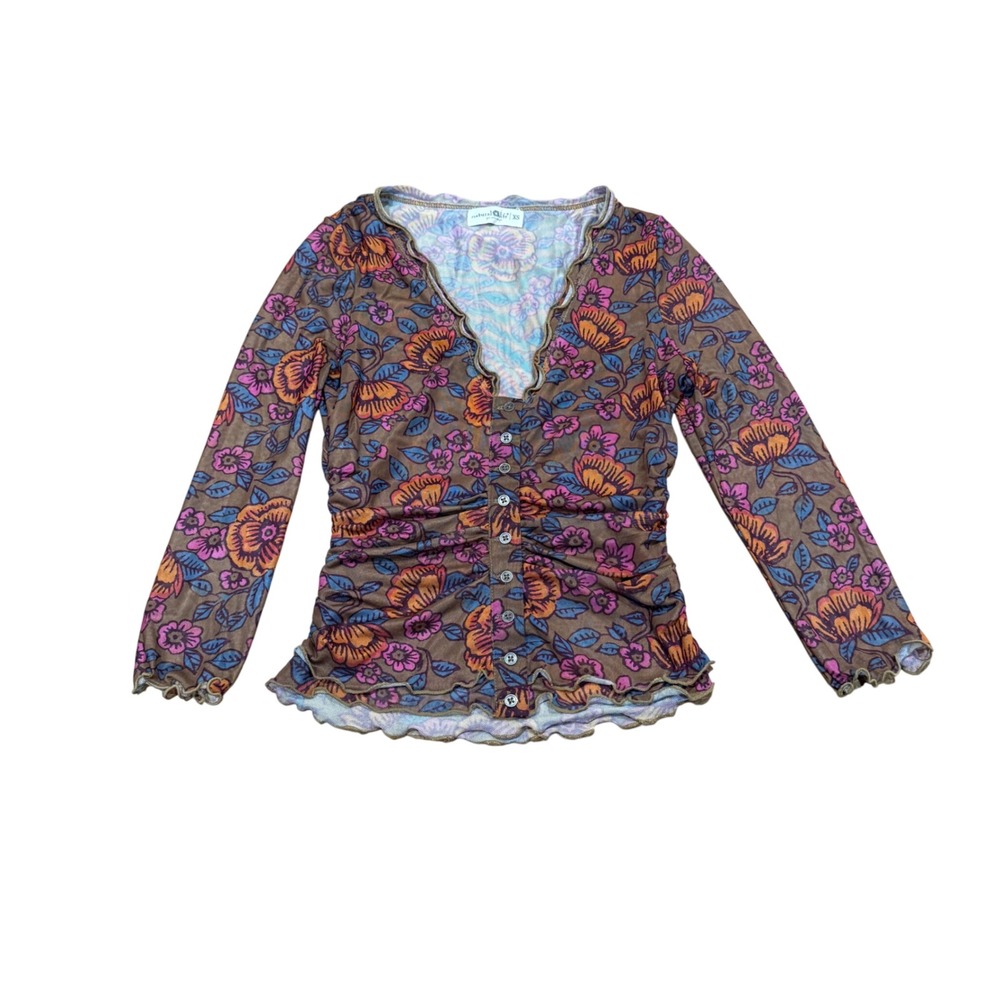 Natural Life Floral Mesh Ruched Button Front Top Brown Pink XS Lettuce Edge